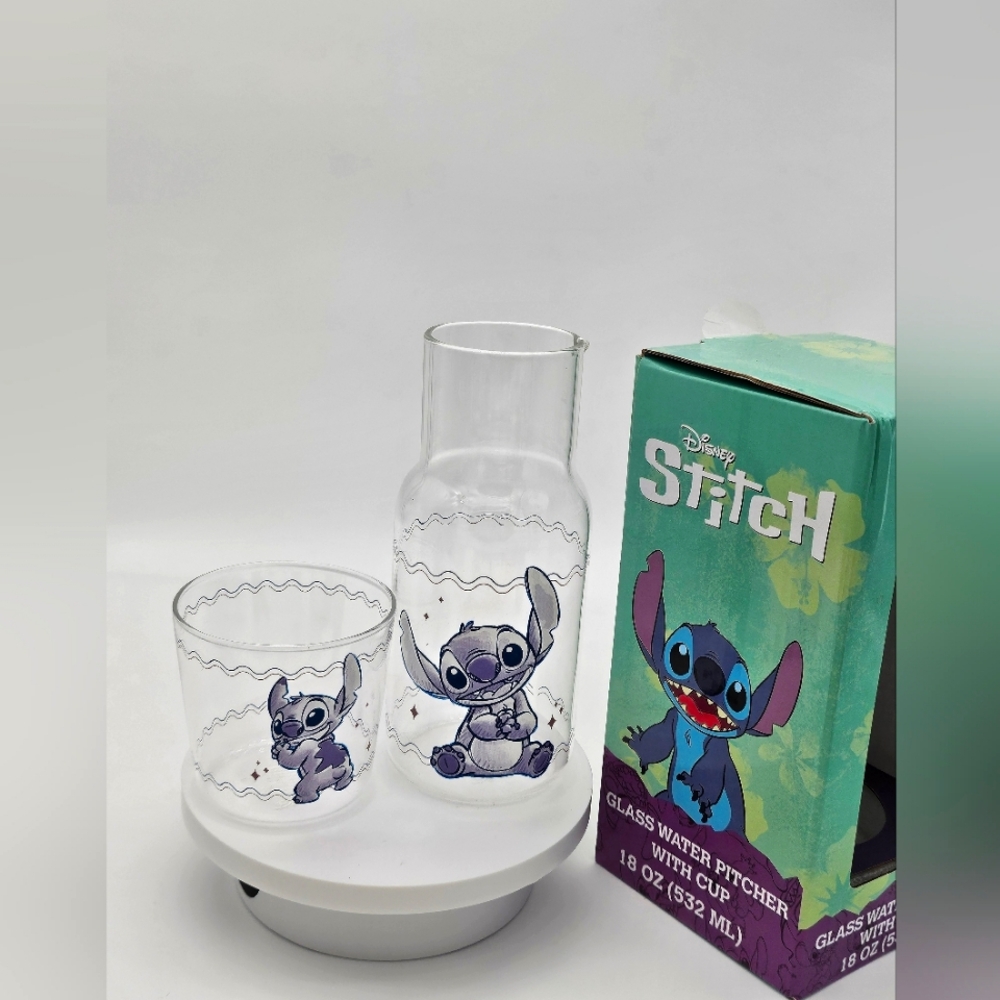 Disney Stitch Glass Water Pitcher With Cup Tumble Up 2-Piece Set NIB